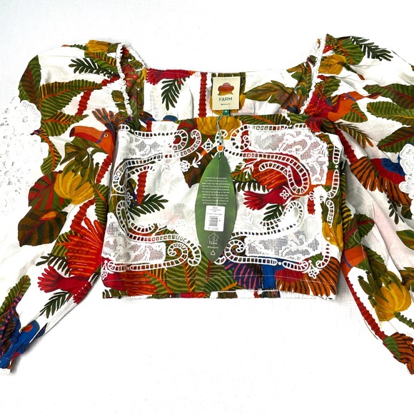Farm Rio Forest Birds Smocked Lace Square Neck Crop Top Size Medium Size NWT - Picture 5 of 9